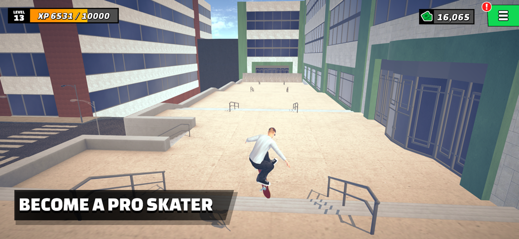 Skate Life 3D - 3D skateboarding gameplay showing a character performing a trick down stairs in an urban environment.