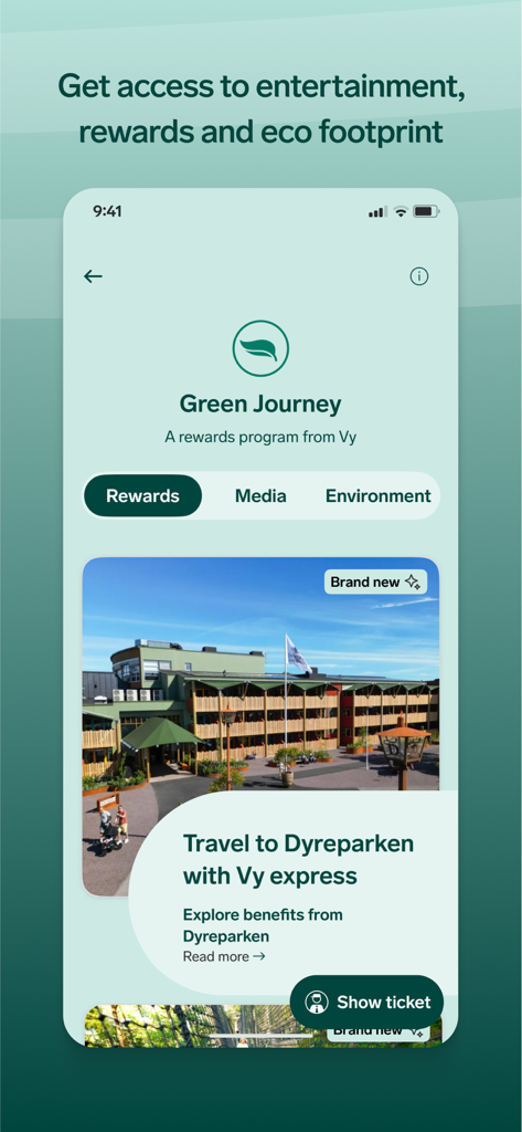 Vy app screen for the Green Journey rewards program showing travel offers and environmental impact options