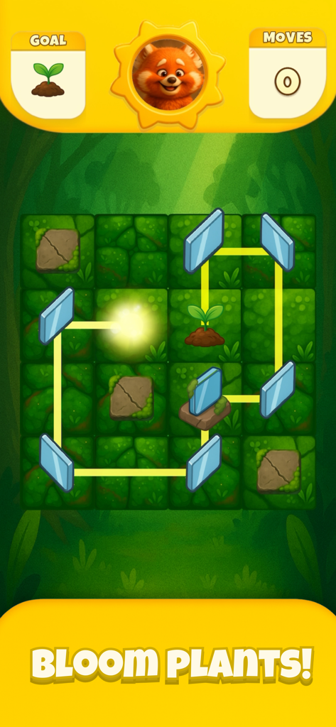 Light Bloom: Puzzle Game - Una cuadrícula de puzles de haces de luz que muestra espejos reflejando luz para alcanzar una semilla de planta sobre un fondo de musgo verde