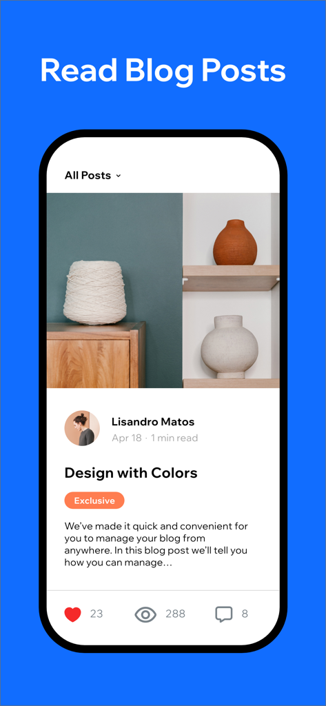 A mobile app screen from Spaces by Wix showing a lifestyle blog post titled Design with Colors with engagement metrics for likes and comments