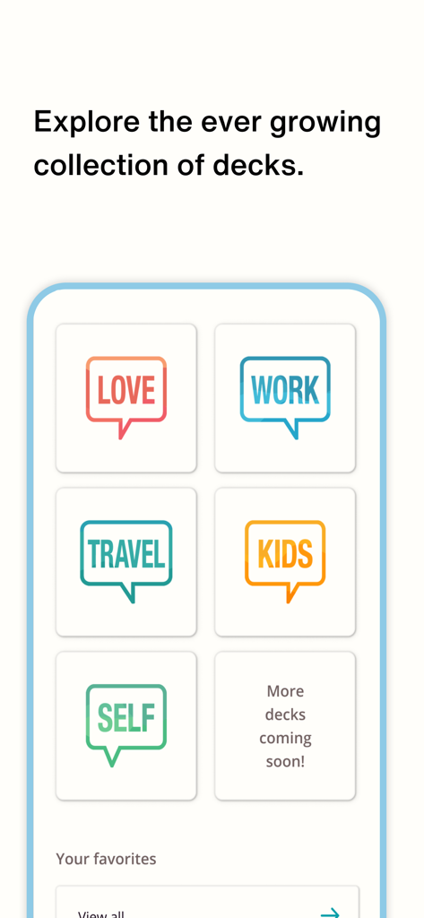 Big Talk App-Oberfläche mit Kategorien für Gesprächs-Decks wie Liebe, Arbeit, Reisen, Kinder und Selbst.