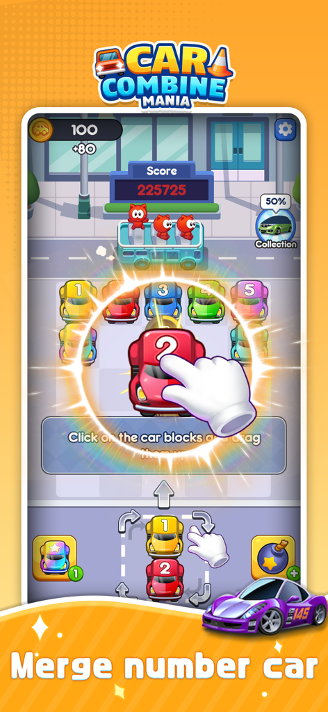 Car Combine Mania - Gameplay screenshot of Car Combine Mania showing numbered car blocks being merged on a puzzle grid