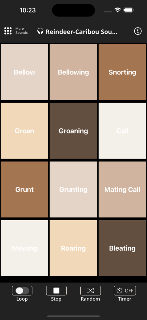 Reindeer-Caribou Sound & Calls - A mobile app interface displaying a grid of reindeer and caribou sound buttons including grunts and mating calls