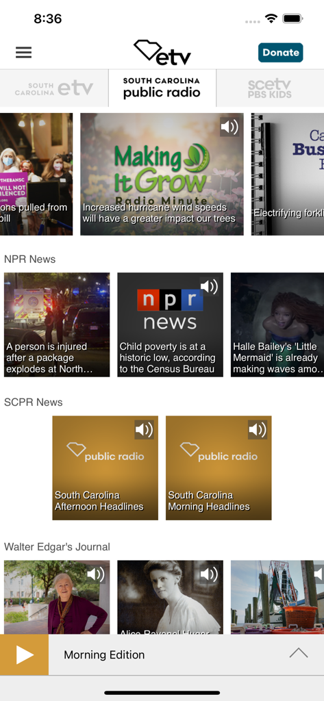 South Carolina ETV - Home screen of the South Carolina ETV app showing NPR News and local public radio programs