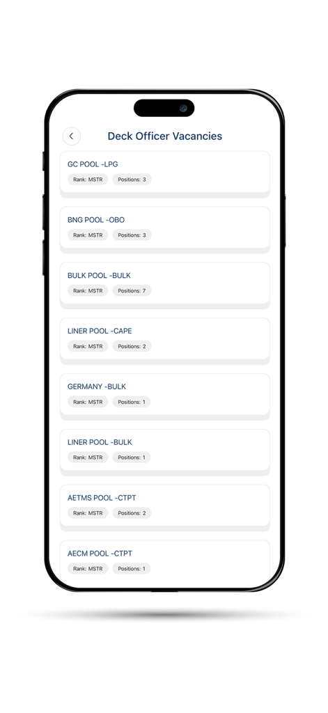 WE Care - Anglo-Eastern - Mobile screen showing deck officer job vacancies with details on ship type rank and number of positions