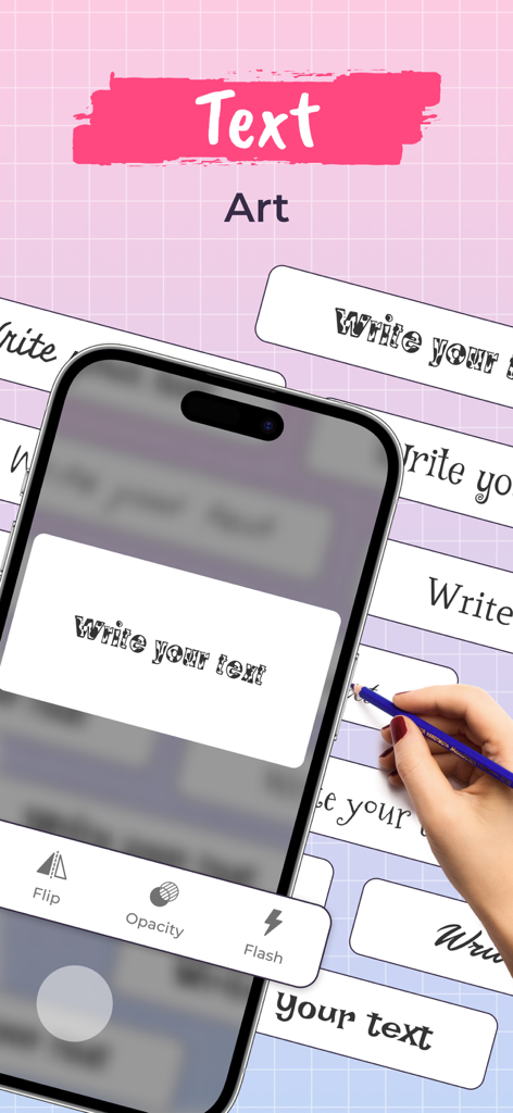 A person tracing artistic text from a smartphone screen onto paper using an augmented reality drawing app