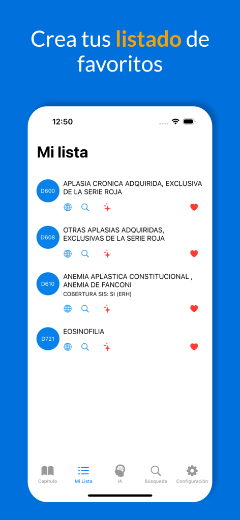 Interface of the CIE 10 and 11 app showing a list of favorite medical diagnostic codes in Spanish