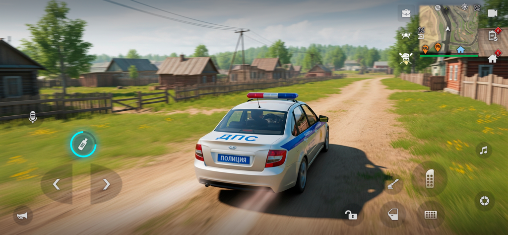 Um carro de polícia dirigindo por uma vila rural no jogo sandbox de mundo aberto MadOut 2.