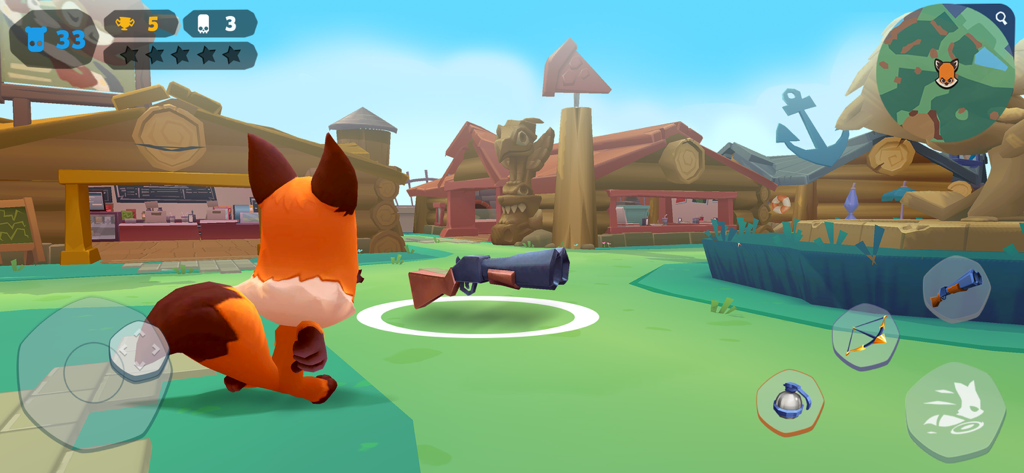 Zooba: Zoo Battle Royale Games - Gameplay screenshot of Zooba showing a fox character picking up a shotgun in a colorful zoo arena.