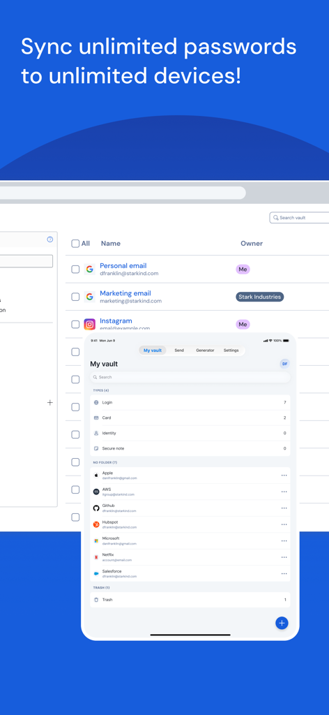 Bitwarden Password Manager - Interfaccia di Bitwarden che mostra la sincronizzazione delle password tra dispositivi desktop e mobili