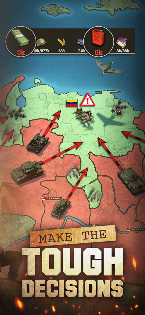 Supremacy: Call of War 1942 - Strategy map showing military units attacking with the text Make the tough decisions
