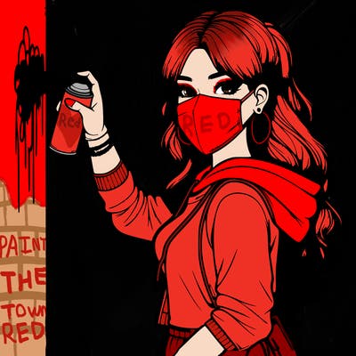 realistic girl with mask spray painting a wall