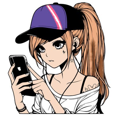 realistic girl with a long ponytail and trucker hat holding an iphone