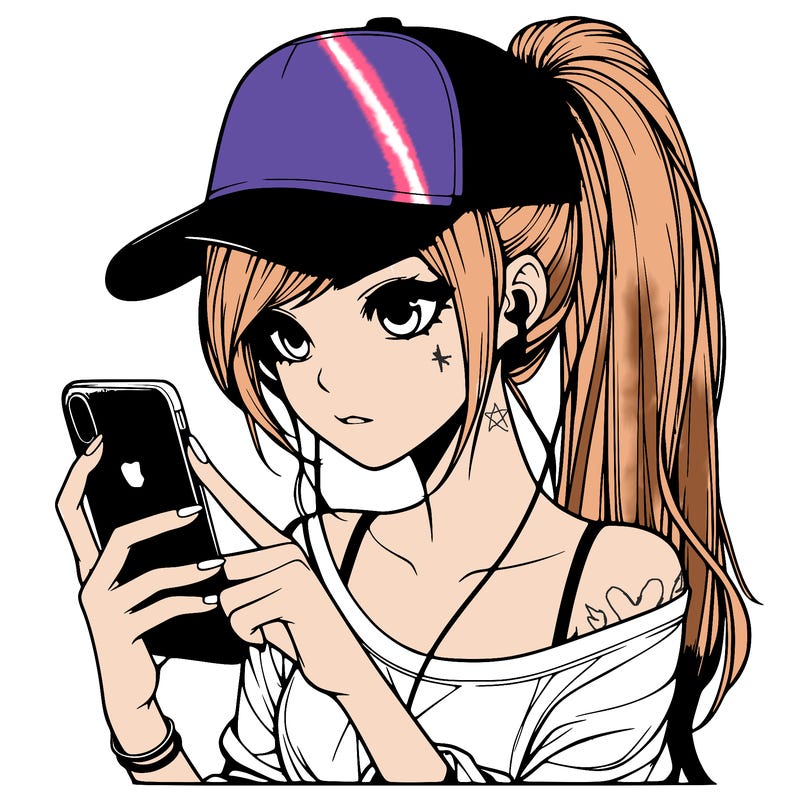 realistic girl with a long ponytail and trucker hat holding an iphone