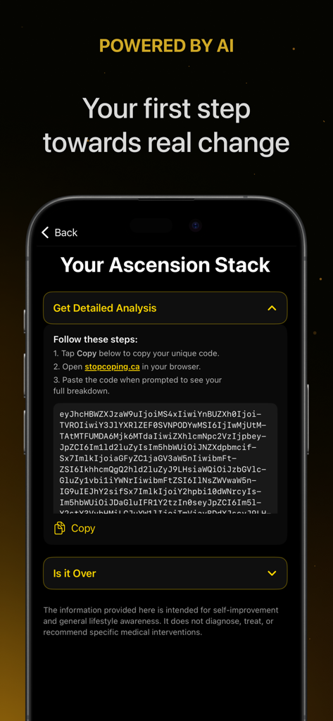 Screenshot of the Ascension app showing instructions to get a detailed AI facial analysis with a unique code.