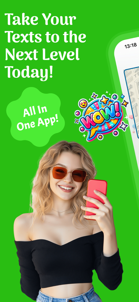 Text Repeater & Stylish Fonts - Una joven sosteniendo un smartphone promocionando la aplicación Text Repeater y Stylish Fonts sobre un fondo verde brillante.