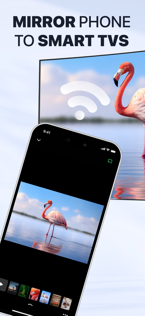 An iPhone wirelessly mirroring a photo of a flamingo to a large smart TV screen