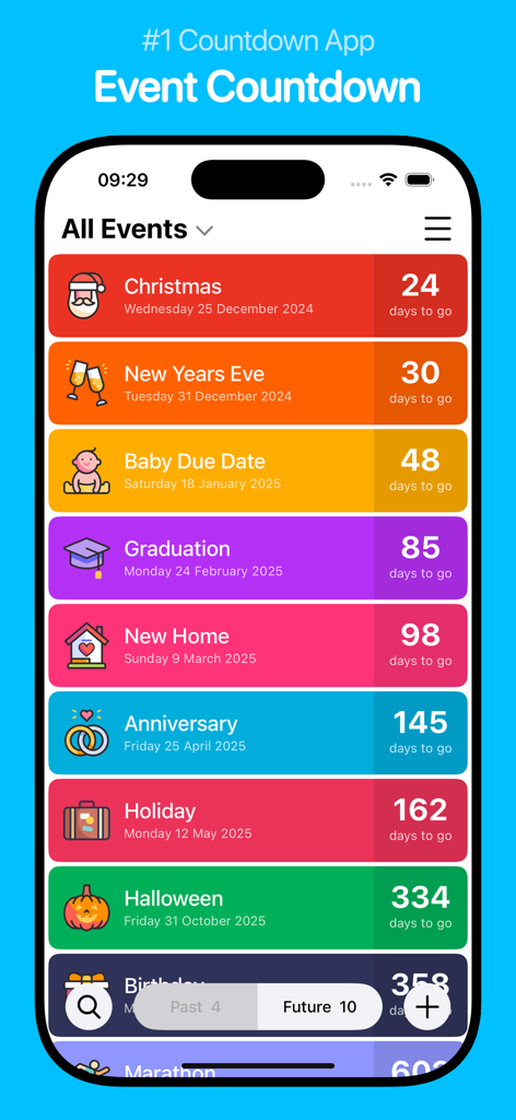 Countdown: Event Countdown - Tela de smartphone mostrando uma lista colorida de contagens regressivas de eventos para feriados e marcos importantes.