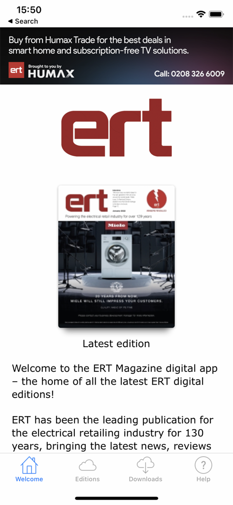 ERT Magazine - Home screen of the ERT Magazine digital app showing the latest edition and welcome message for electrical retailers.