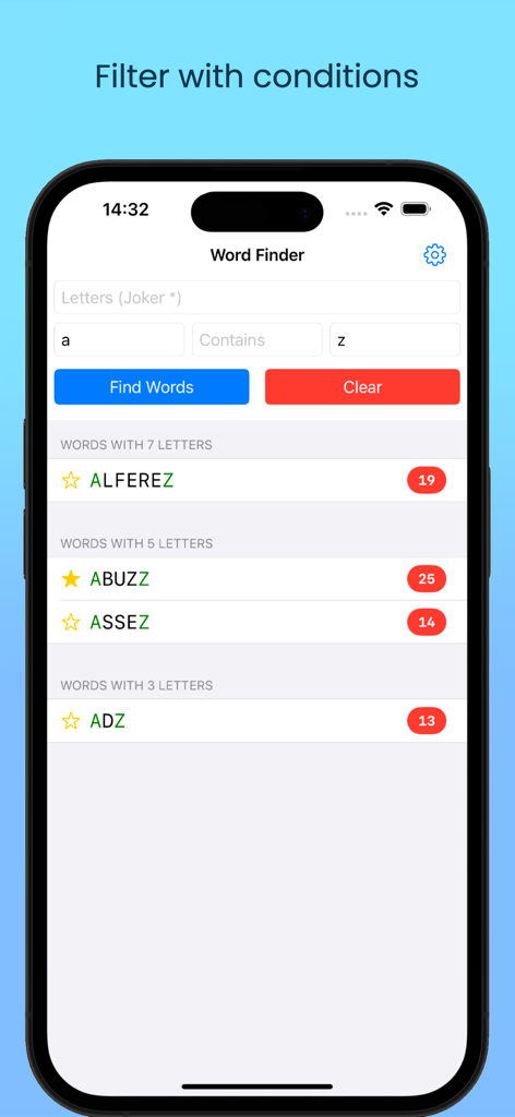 Word Unscrambler, Word Machine - Word Unscrambler app interface showing word results with high point scores and filtering options.
