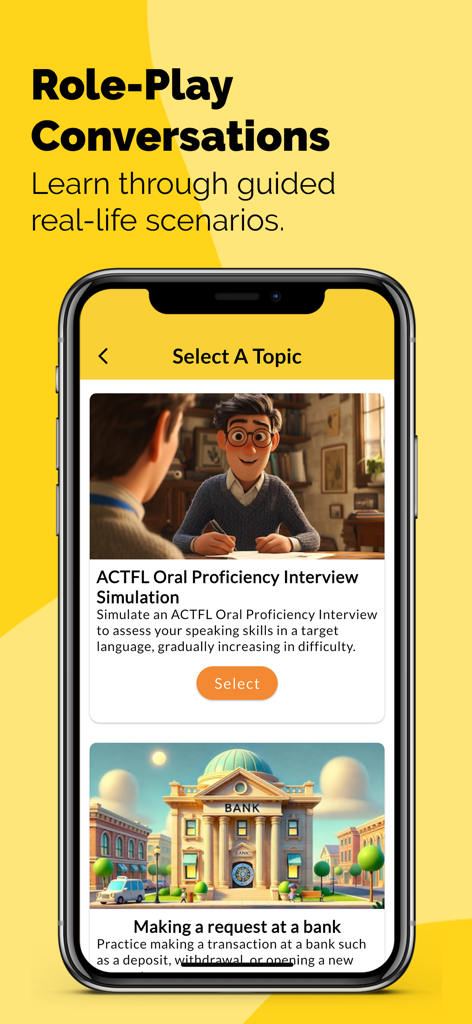 Amigo Lingo: Speak Spanish - La interfaz de la aplicación Amigo Lingo muestra temas de conversación guiada de español de juego de roles, como simulaciones de entrevistas y solicitudes bancarias.