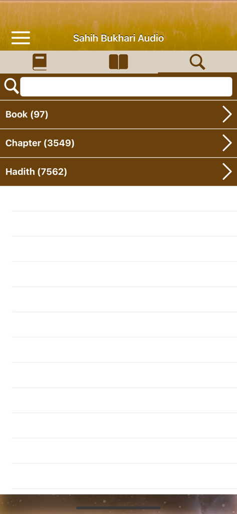 Sahih Al-Bukhari Audio English - The search interface of the Sahih Al Bukhari Audio app displaying categories for books chapters and hadiths