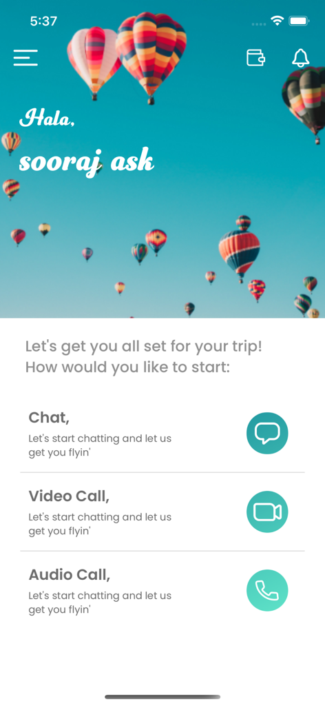 Interfaz de la aplicación KiMi Travel que muestra opciones para iniciar la planificación del viaje a través de chat, videollamada o llamada de audio con un profesional de viajes.