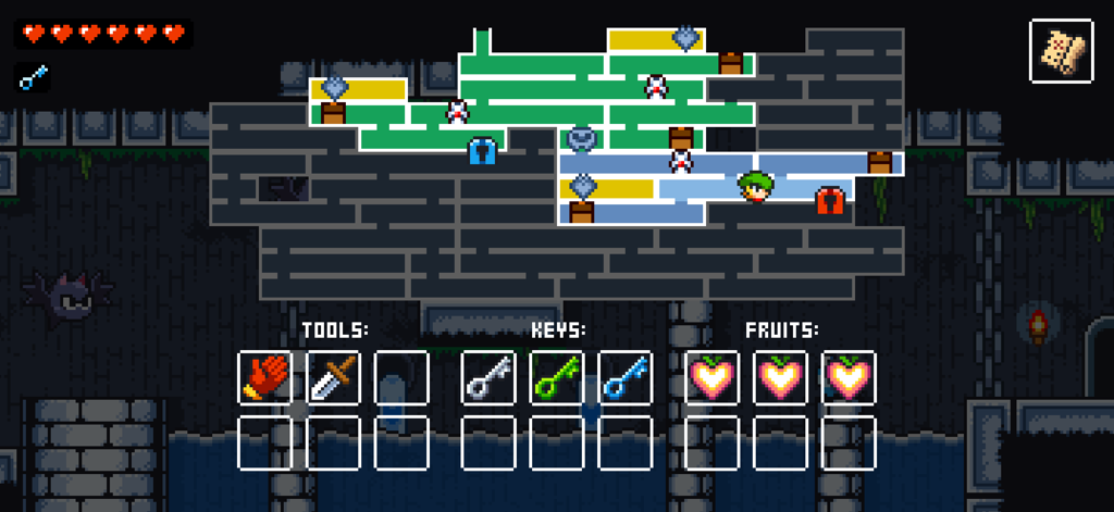 Tiny Dangerous Dungeons Remake - Dungeon map and inventory screen in Tiny Dangerous Dungeons Remake showing collected items and tools