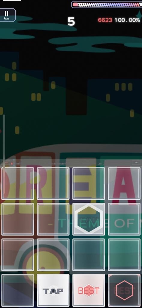 Gameplay screen of Malody music simulator showing a 4x4 tap grid with score and accuracy performance