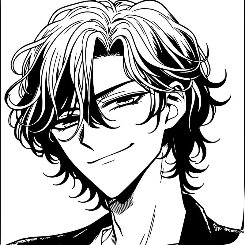 a manhwa style of a 21 year old male with waist length hair and a smirk on his face with a mischievous look in his eyes