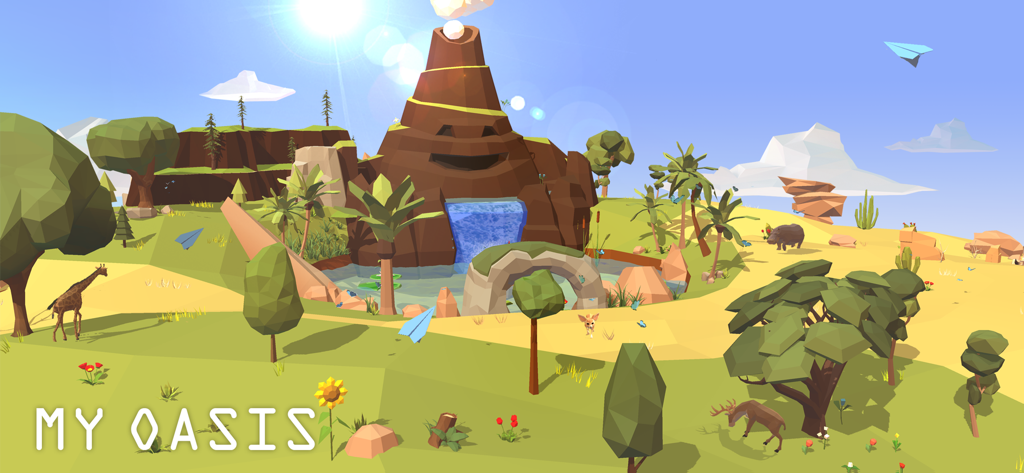 A serene low-poly landscape in My Oasis showing a peaceful island with animals, a waterfall, and a volcano under a bright sun.