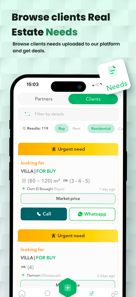 Aqarimmo pro - Interface móvel do Aqarimmo Pro mostrando necessidades urgentes de imóveis para clientes que procuram comprar vilas