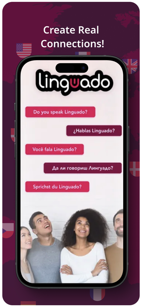 Linguado - Linguado app screen featuring diverse people and multilingual chat bubbles to create real connections