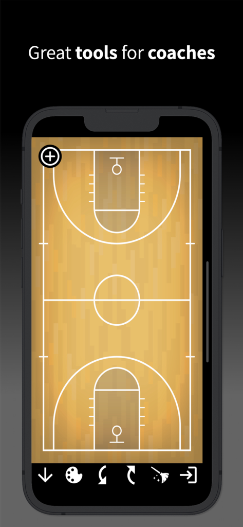 Virtual Scoreboard: Sports - Smartphone screen showing a basketball court diagram for coaching within the Virtual Scoreboard app.