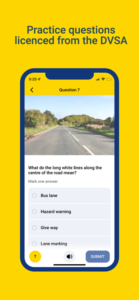 Theory Test Pro - A smartphone displaying a practice driving theory question from the DVSA regarding road markings.