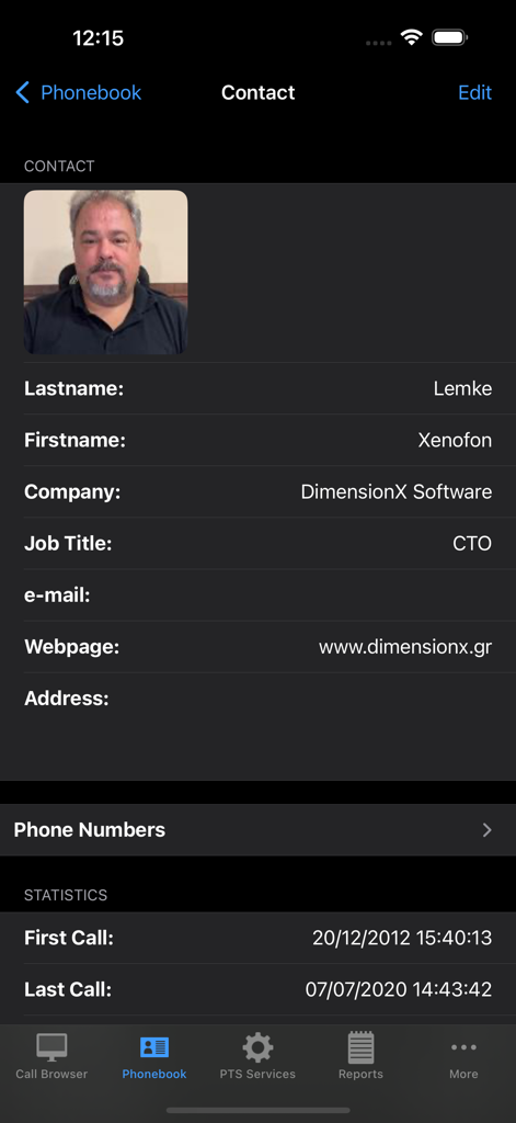 PhoneTrack NexGen Mobile - Contact profile view in the PhoneTrack NexGen Mobile app displaying business information and call history statistics