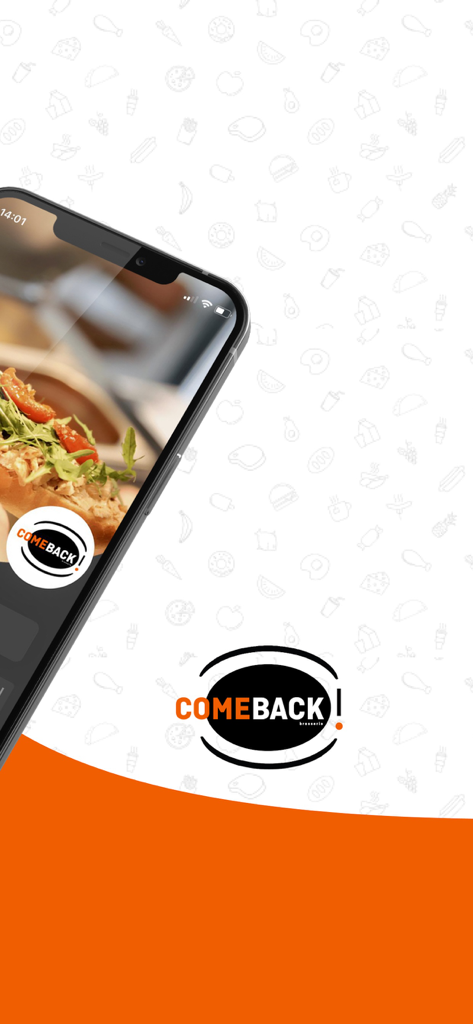 Come - Back - Imagen promocional de la aplicación de pedidos de comida Come - Back que muestra un sándwich en una pantalla de iPhone y el logotipo de la empresa.