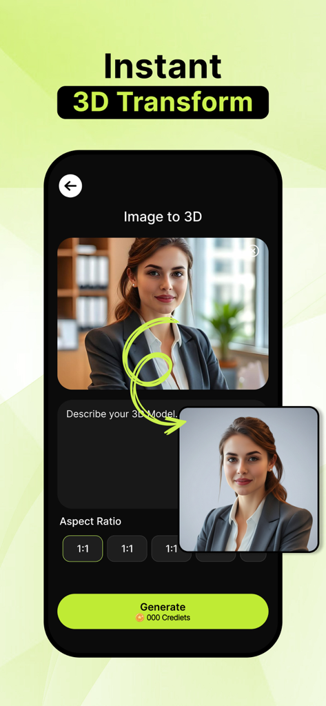 Interfaccia dell'app mobile Meshy AI che mostra una foto di un ritratto trasformata in un modello 3D con un pulsante di generazione.