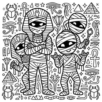 Dive into ancient mysteries with this charming coloring page featuring a family of bandaged mummies. Perfect for enthusiasts of history, mythology, and all things cute and spooky.