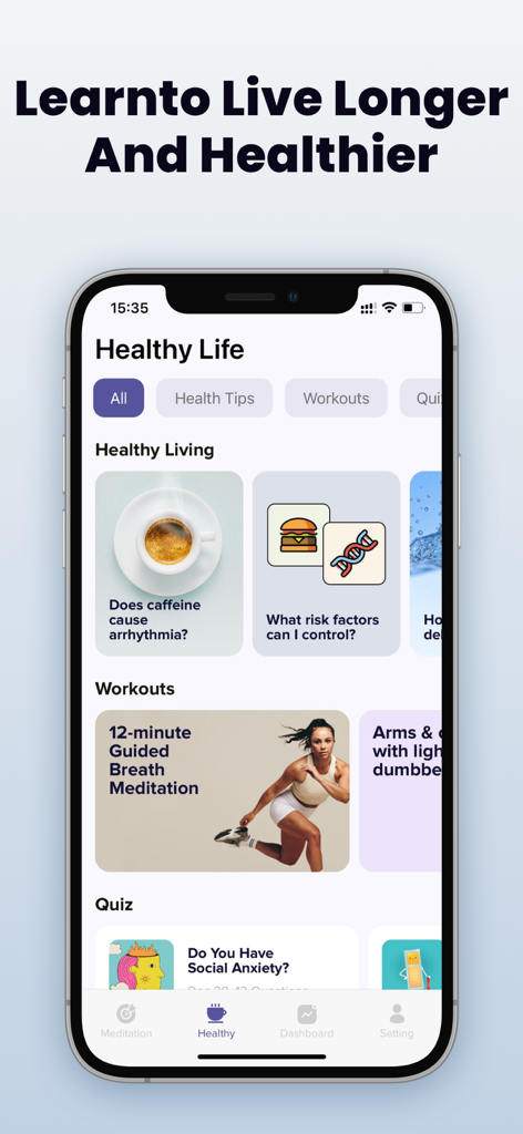 Health Partner: Heart Monitor - Interface of Health Partner app showing wellness tips, guided meditations, and health quizzes