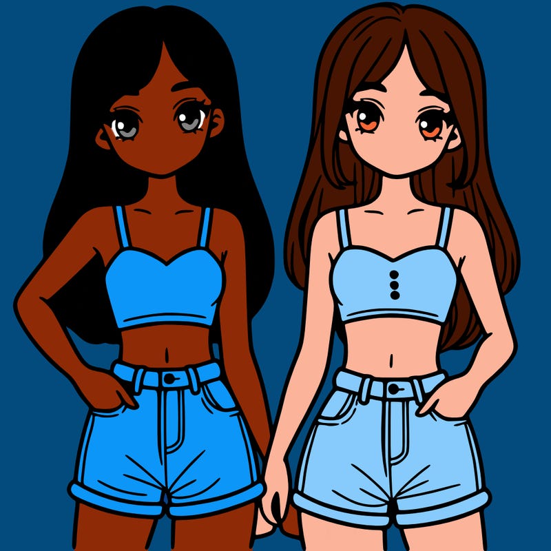 two sisters with crop tops and jean shorts and straight hair