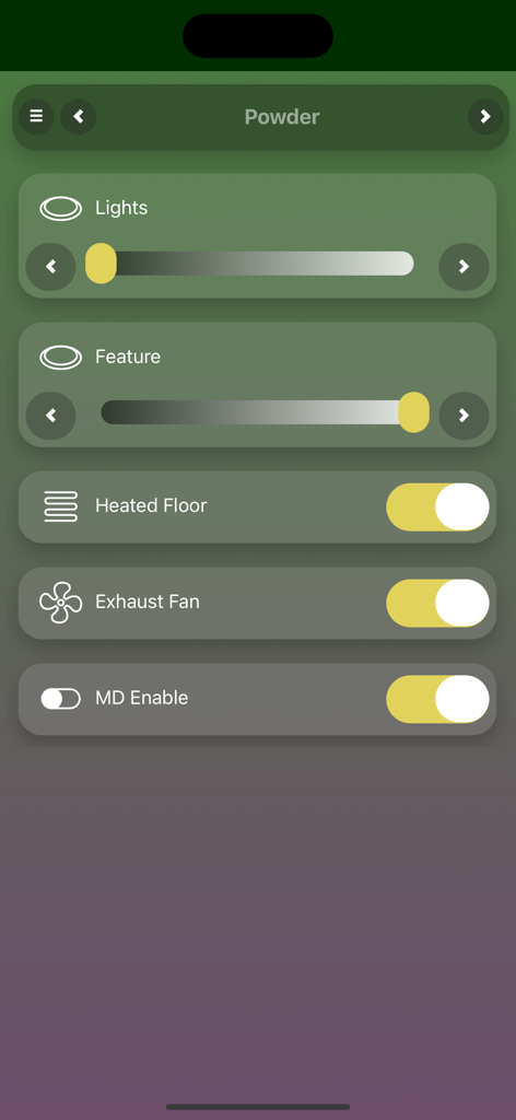 CTC SpaceLogic - CTC SpaceLogic app interface showing light dimmers and floor heating controls for a powder room