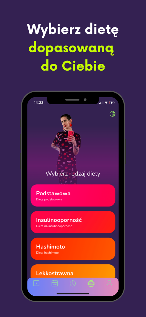 Miazga by FMW app diet selection screen showing specialized meal plan options for women