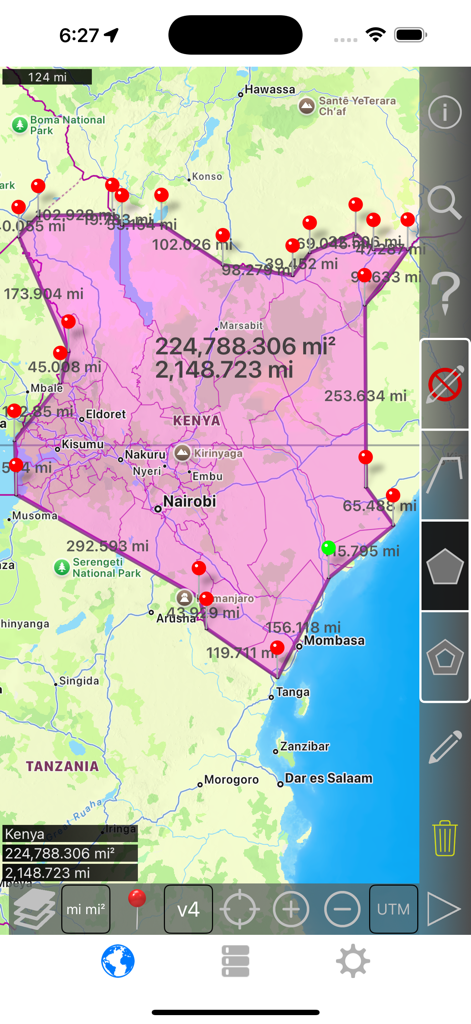 Distance and Area Measure - Interface of Distance and Area Measure app showing a large pink polygon over Kenya with calculated area and perimeter values.