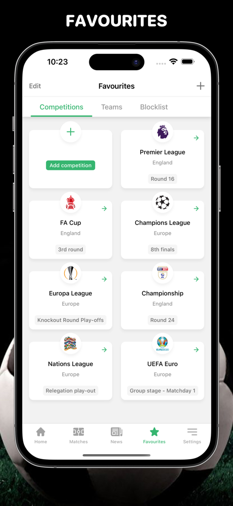 Golasso - Football Livescore - Mobile app screen showing favorite soccer competitions including Premier League and Champions League