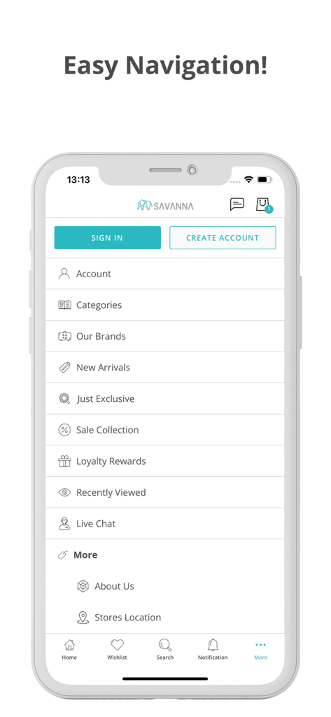 SAVANNA | سافانا - Menu de navigation de l'application de mode de luxe pour enfants SAVANNA comprenant des catégories, des marques et les paramètres du compte