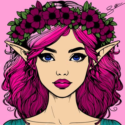 realistic female elf with flower crown