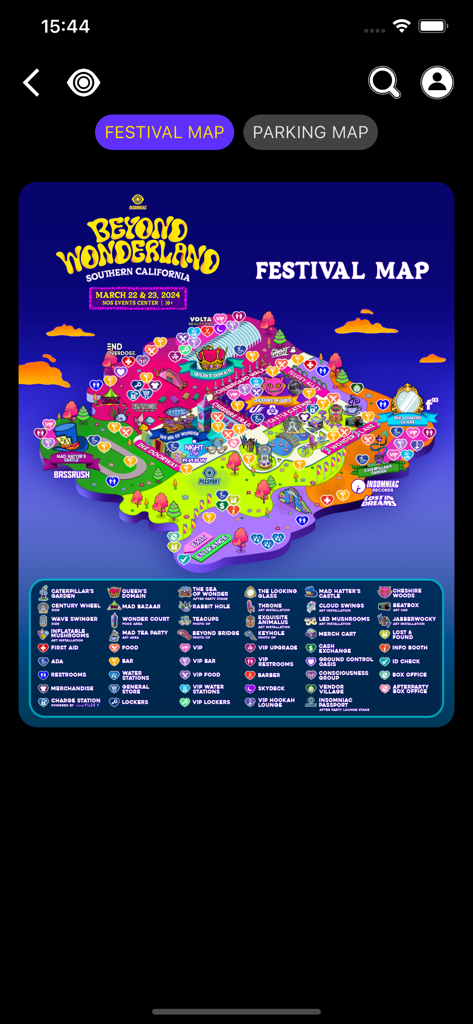 Detaillierte Festival-Karte für Beyond Wonderland Southern California in der Insomniac Events App