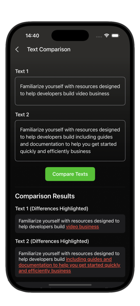 Shizuku Tool - Shizuku Tool app screen for comparing two texts with differences highlighted