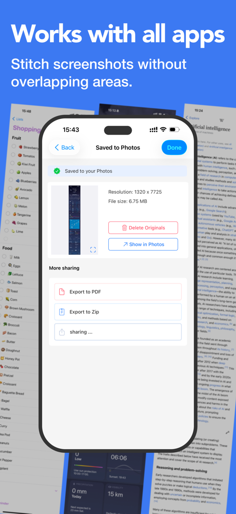Smartphone screen showing export options for a long screenshot including PDF and Zip formats within the Zeta Stitch app